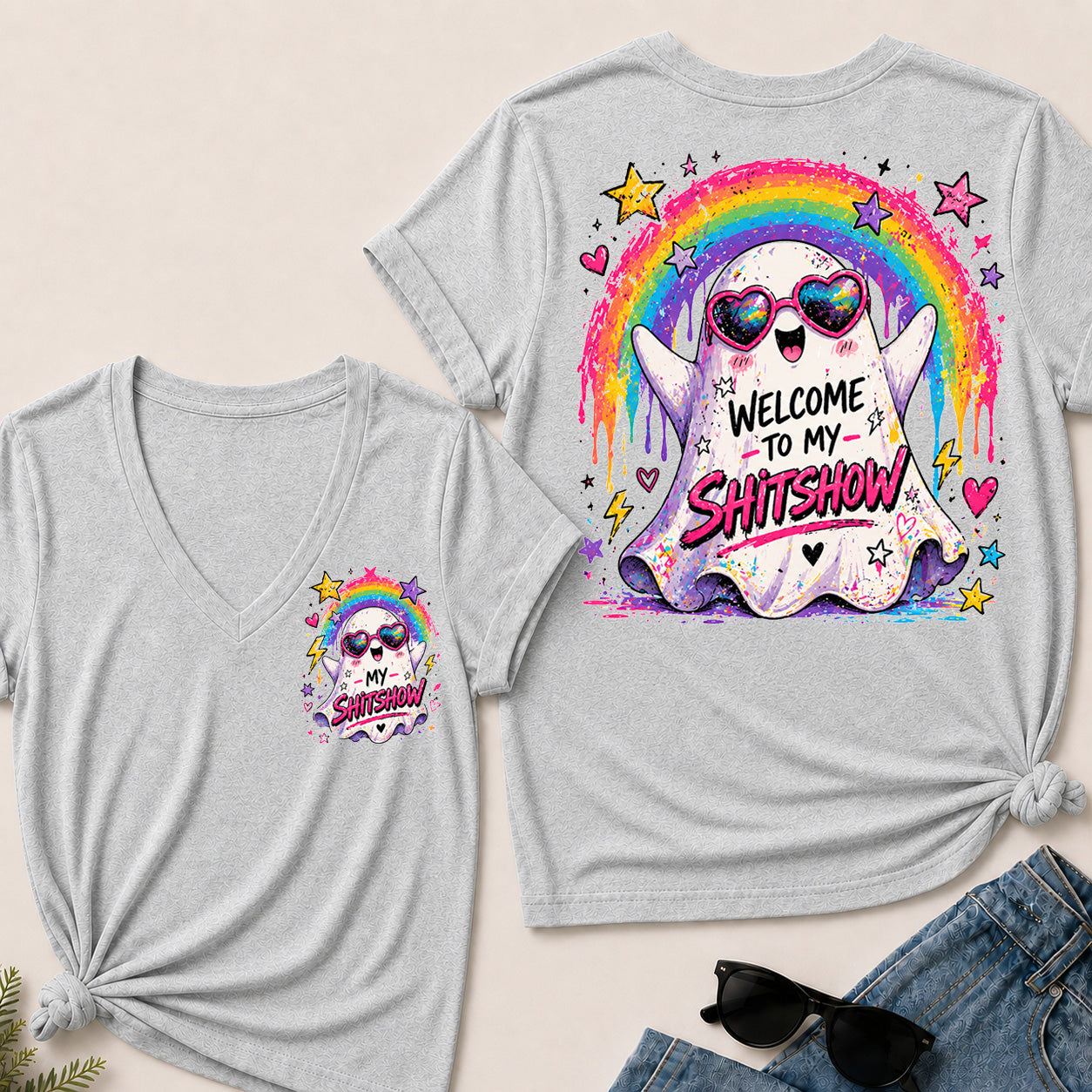 Women’s Welcome To My Show V‑Neck Graphic T‑Shirt, Cute Rainbow Ghost Funny Short Sleeve Tee, Front & Back Print Casual Top