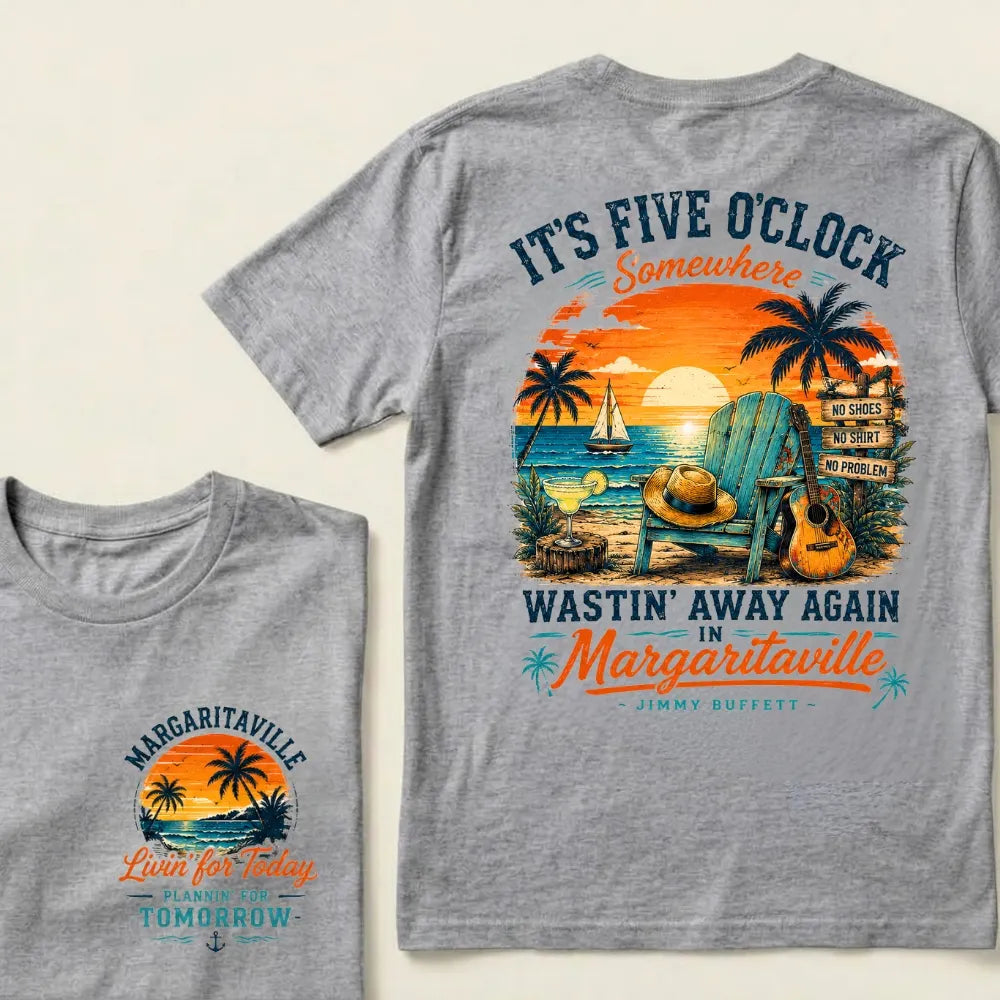It's Five O'Clock Somewhere Wastin' Away Again In Margaritaville Parrot Guitar Sunset Beach No Shoes No Shirt No Problem Graphic T-Shirt
