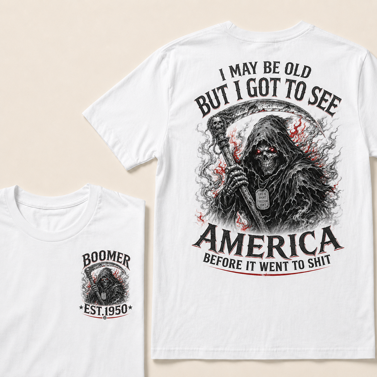 Men’s Boomer Grim Reaper Crew Neck T‑Shirt, I May Be Old I Got To See America Graphic Short Sleeve Tee, Front & Back Print Casual Top