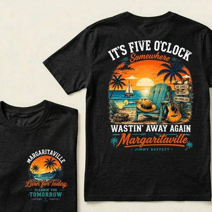 It's Five O'Clock Somewhere Wastin' Away Again In Margaritaville Parrot Guitar Sunset Beach No Shoes No Shirt No Problem Graphic T-Shirt