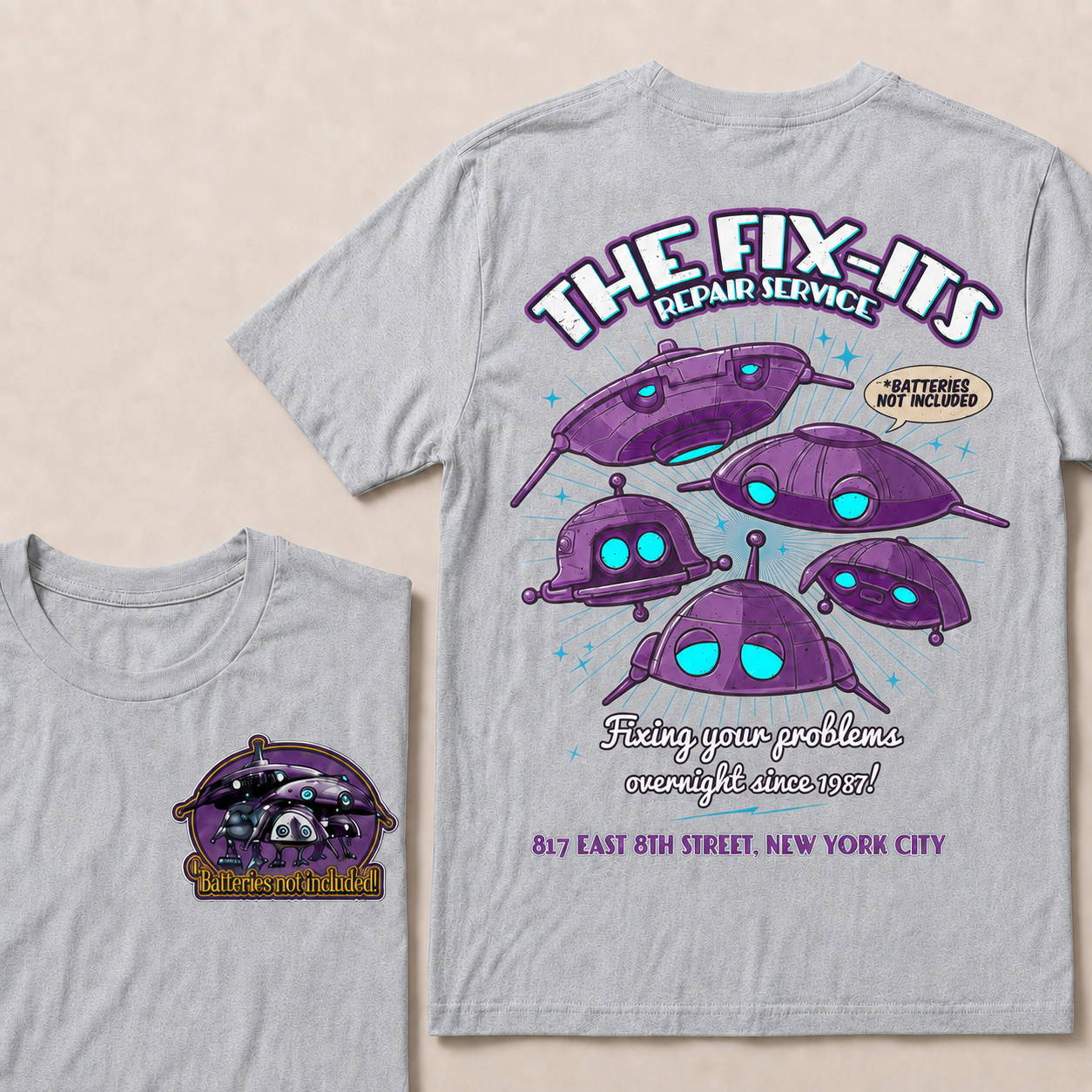 Batteries Not Included 1987 Inspired T-Shirt, The Fix-It Repair Service Retro Sci-Fi Graphic Tee, Vintage Alien Robot Movie Shirt, Unisex Gift