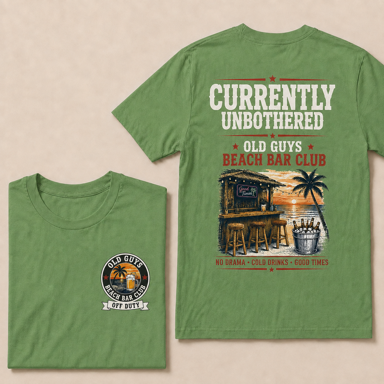 "Old Guys Beach Bar Club" – Currently Unbothered, Off Duty, Cold Drinks Only Tee