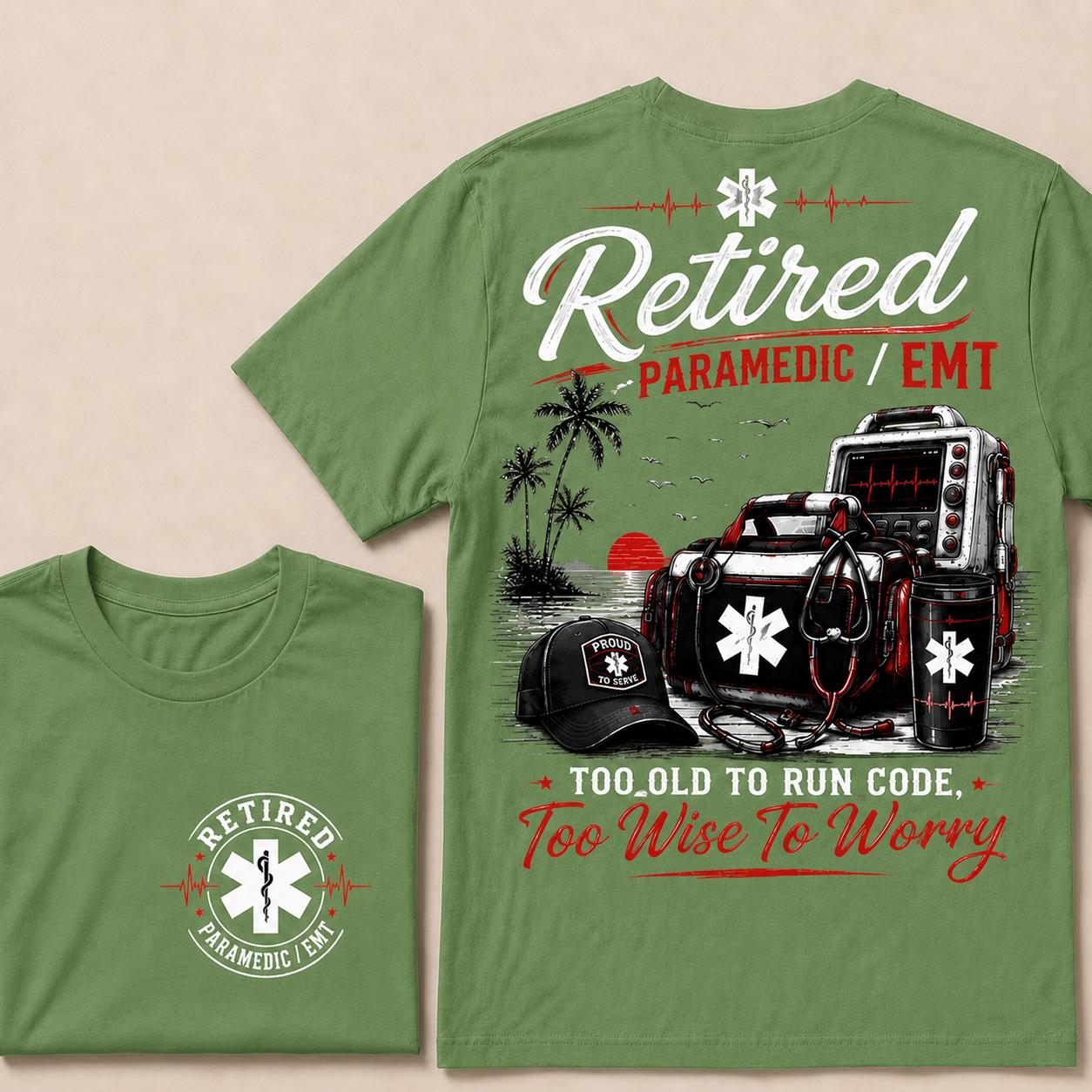 "Retired Paramedic / EMT — Too Old To Run Code, Too Wise To Worry" Crew Neck T-Shirt | Beach Retirement Medical Tee