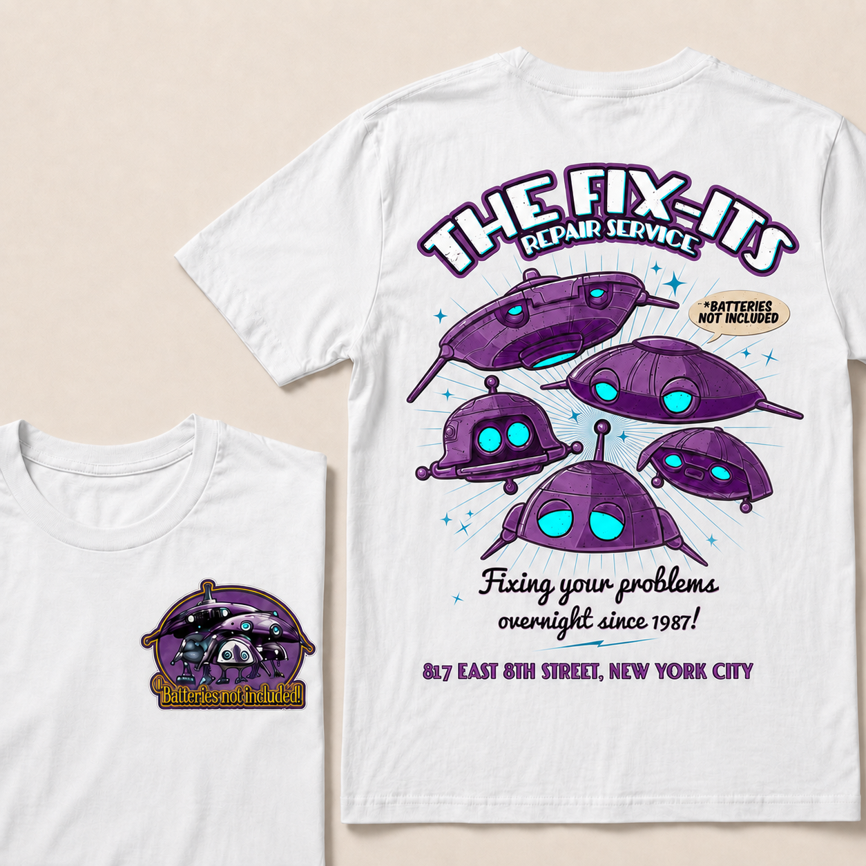 Batteries Not Included 1987 Inspired T-Shirt, The Fix-It Repair Service Retro Sci-Fi Graphic Tee, Vintage Alien Robot Movie Shirt, Unisex Gift