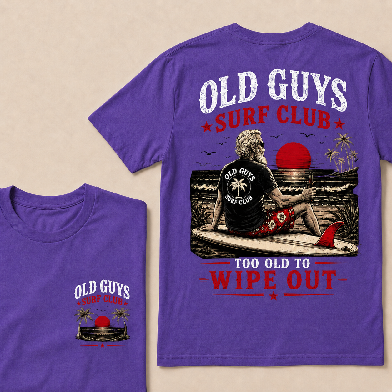 Old Guys Surf Club Too Old To Wipe Out Surfing Grandpa Palm Tree Sunset Graphic T-Shirt