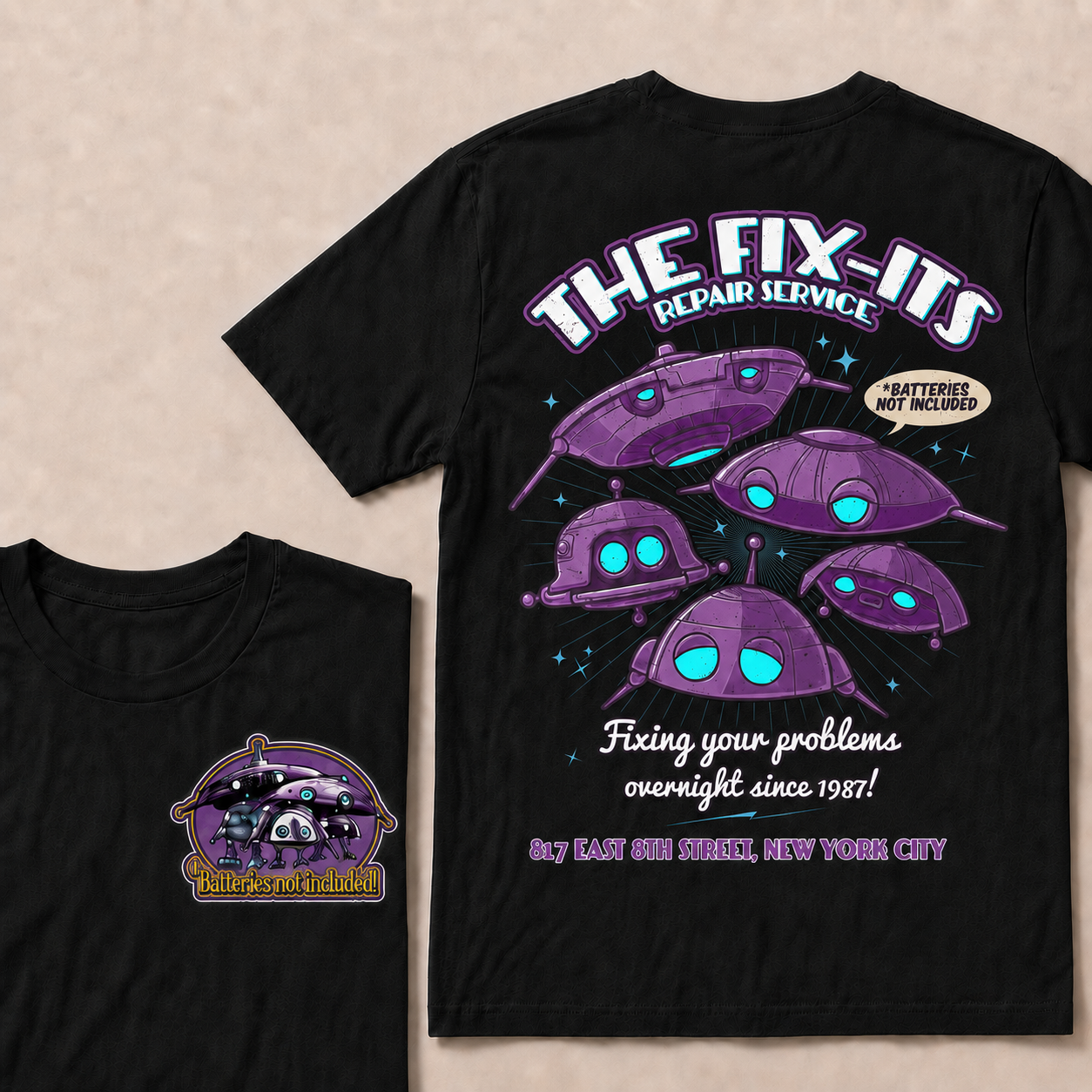 Batteries Not Included 1987 Inspired T-Shirt, The Fix-It Repair Service Retro Sci-Fi Graphic Tee, Vintage Alien Robot Movie Shirt, Unisex Gift