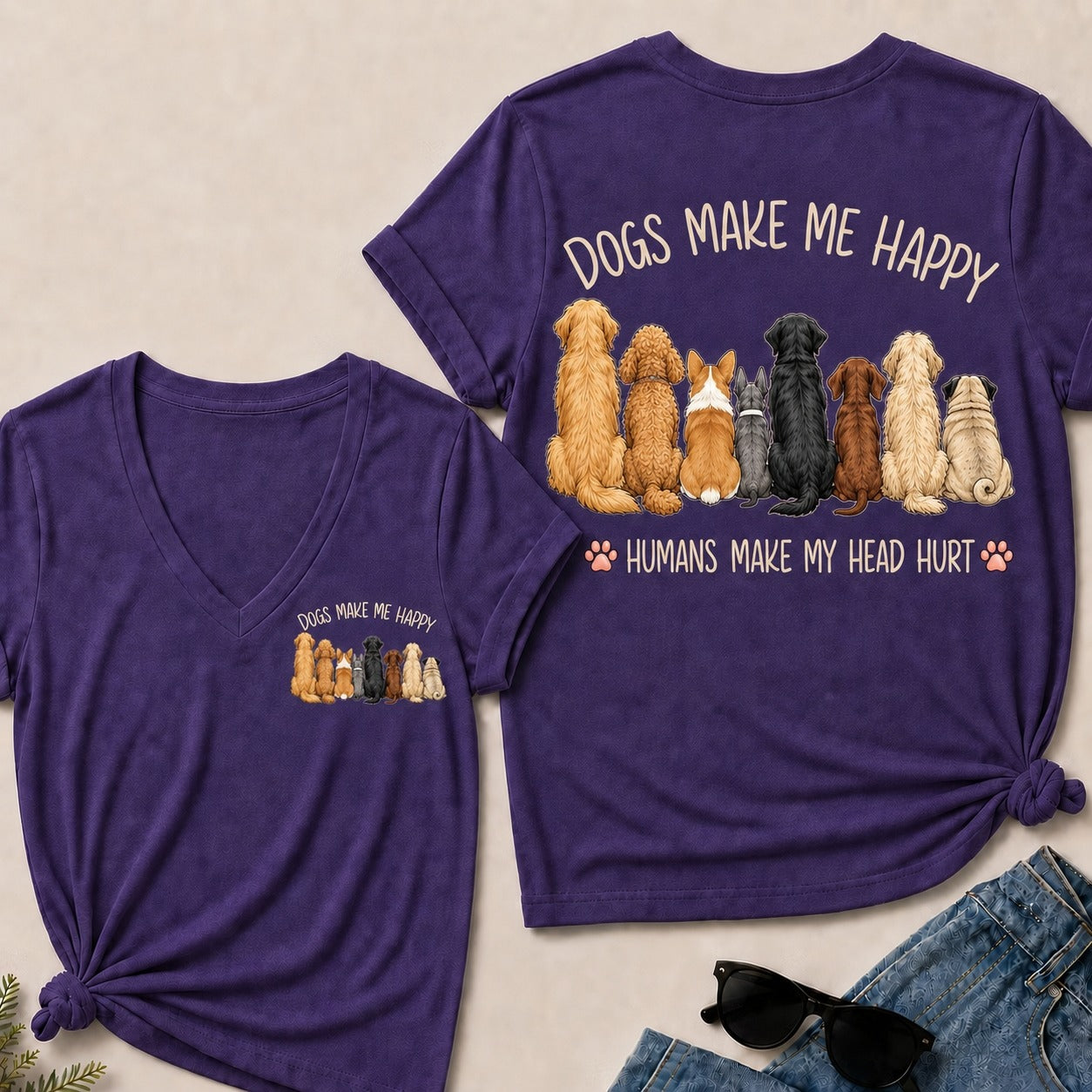 "Dogs Make Me Happy – Humans Make My Head Hurt" V-Neck Tee
