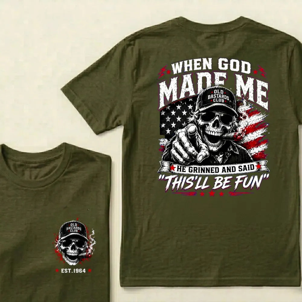Custom EST.Year When God Made Me He Grinned And Said This'll Be Fun Old Bastards Club Skull American Flag Graphic T-Shirt