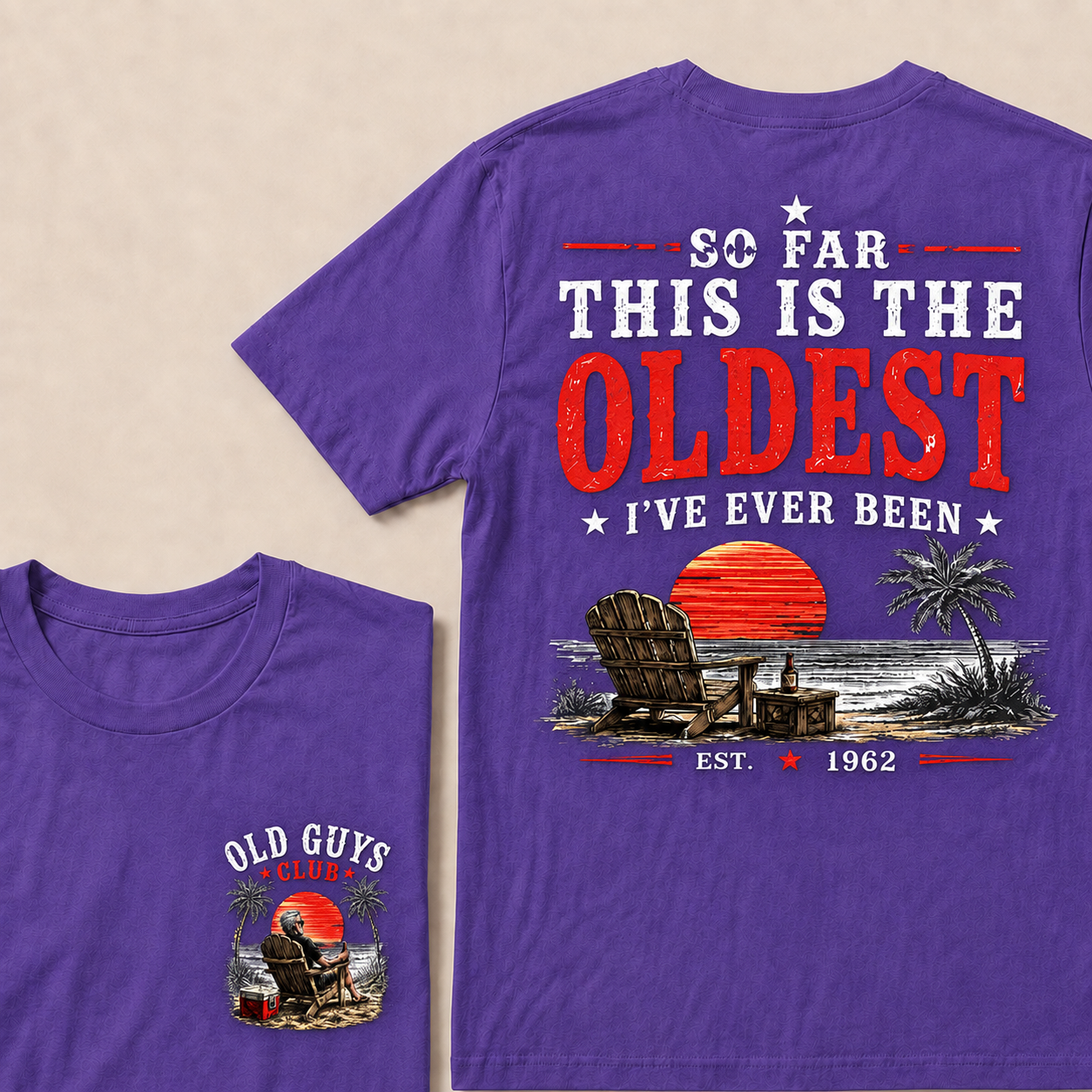 "Old Guys Club" Vintage Beach Birthday Commemorative Graphic T-Shirt