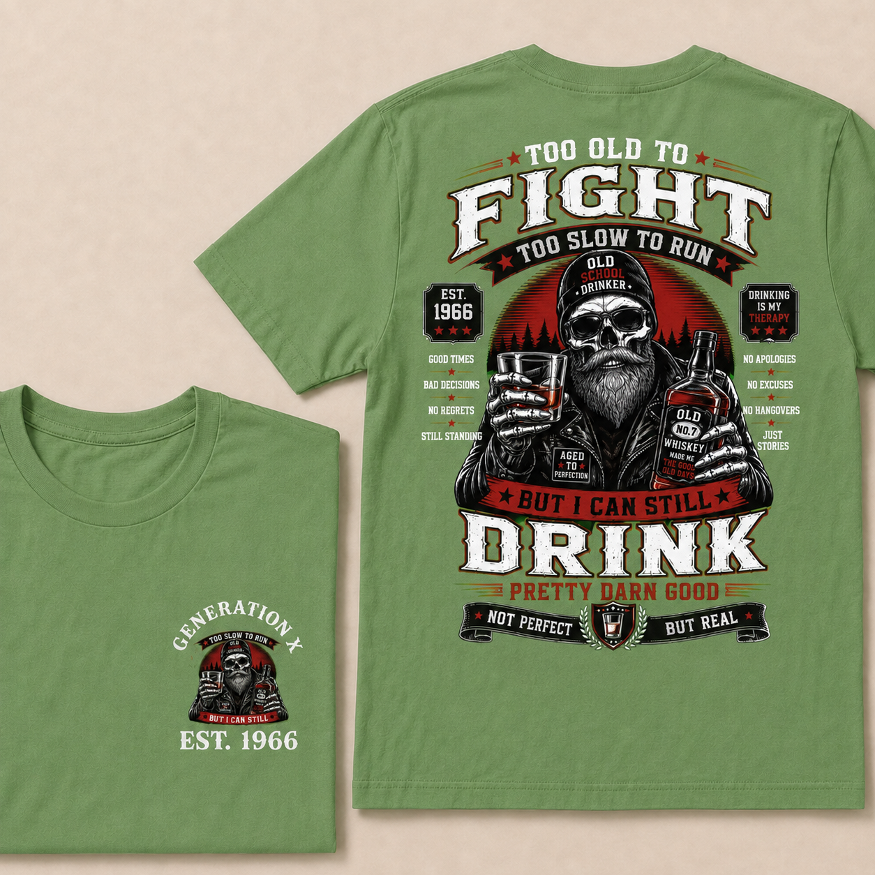 Custom EST.Year Too Old To Fight Too Slow To Run But I Can Still Drink Old School Drinker Graphic T-Shirt