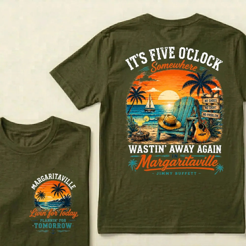It's Five O'Clock Somewhere Wastin' Away Again In Margaritaville Parrot Guitar Sunset Beach No Shoes No Shirt No Problem Graphic T-Shirt