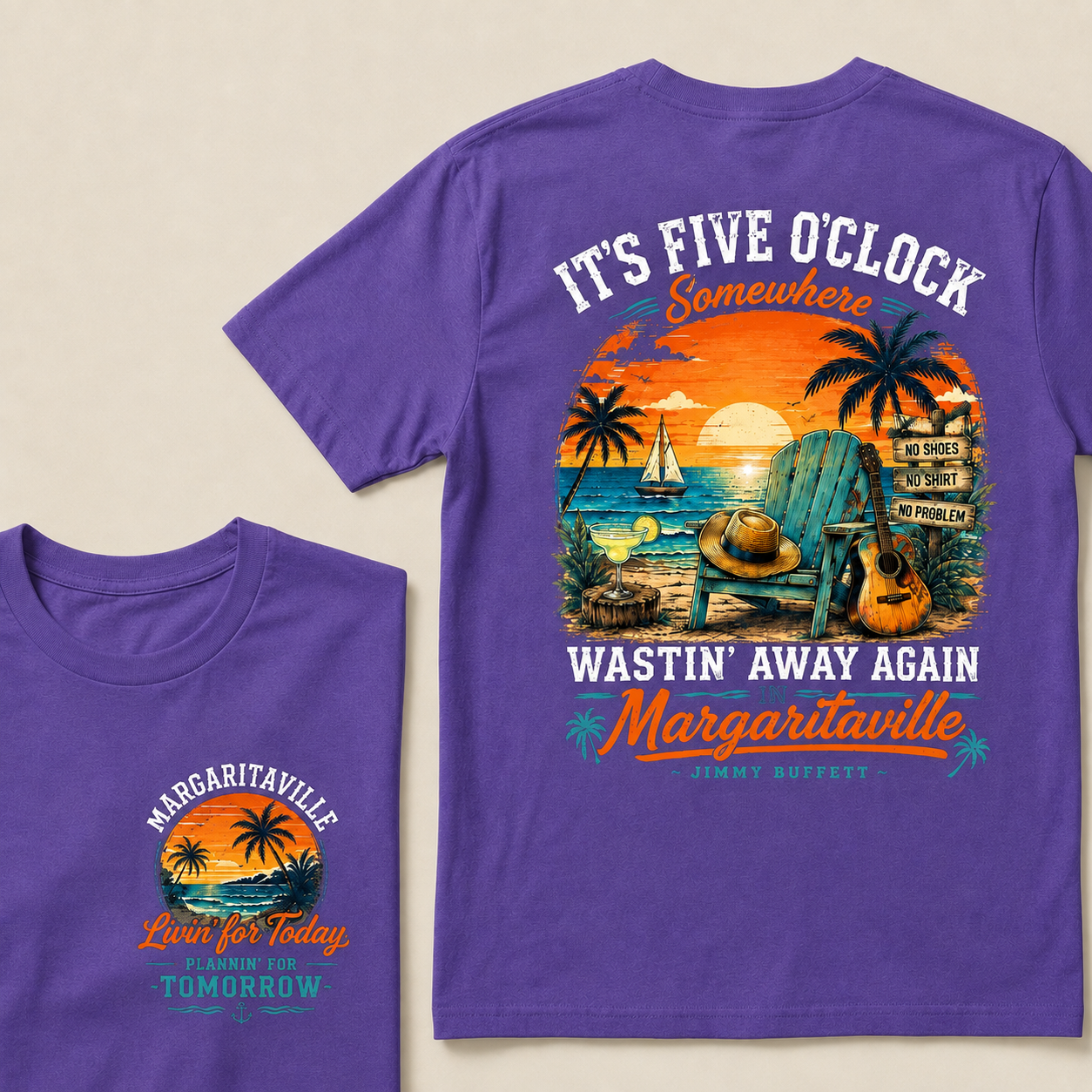 It's Five O'Clock Somewhere Wastin' Away Again In Margaritaville Parrot Guitar Sunset Beach No Shoes No Shirt No Problem Graphic T-Shirt