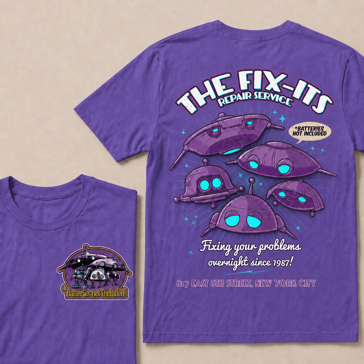 Batteries Not Included 1987 Inspired T-Shirt, The Fix-It Repair Service Retro Sci-Fi Graphic Tee, Vintage Alien Robot Movie Shirt, Unisex Gift