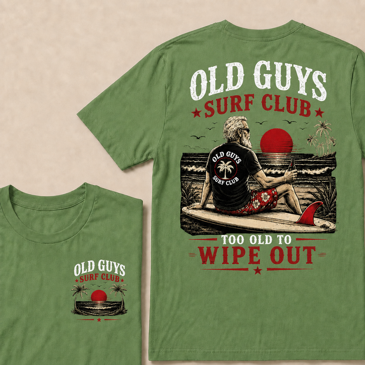Old Guys Surf Club Too Old To Wipe Out Surfing Grandpa Palm Tree Sunset Graphic T-Shirt
