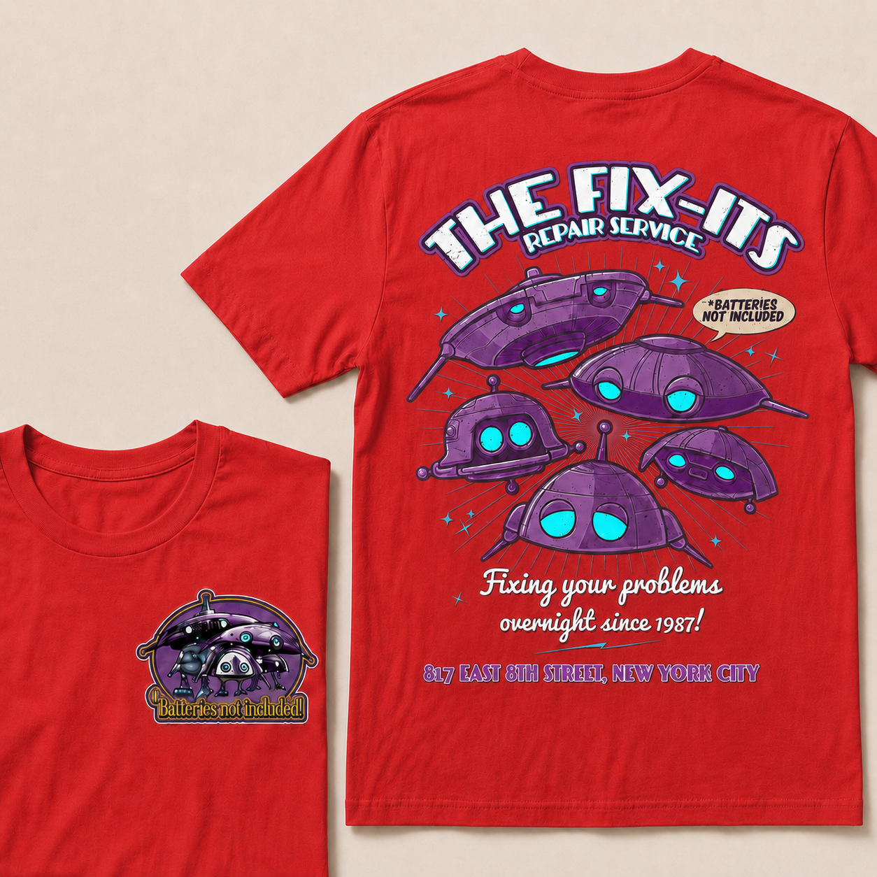 Batteries Not Included 1987 Inspired T-Shirt, The Fix-It Repair Service Retro Sci-Fi Graphic Tee, Vintage Alien Robot Movie Shirt, Unisex Gift