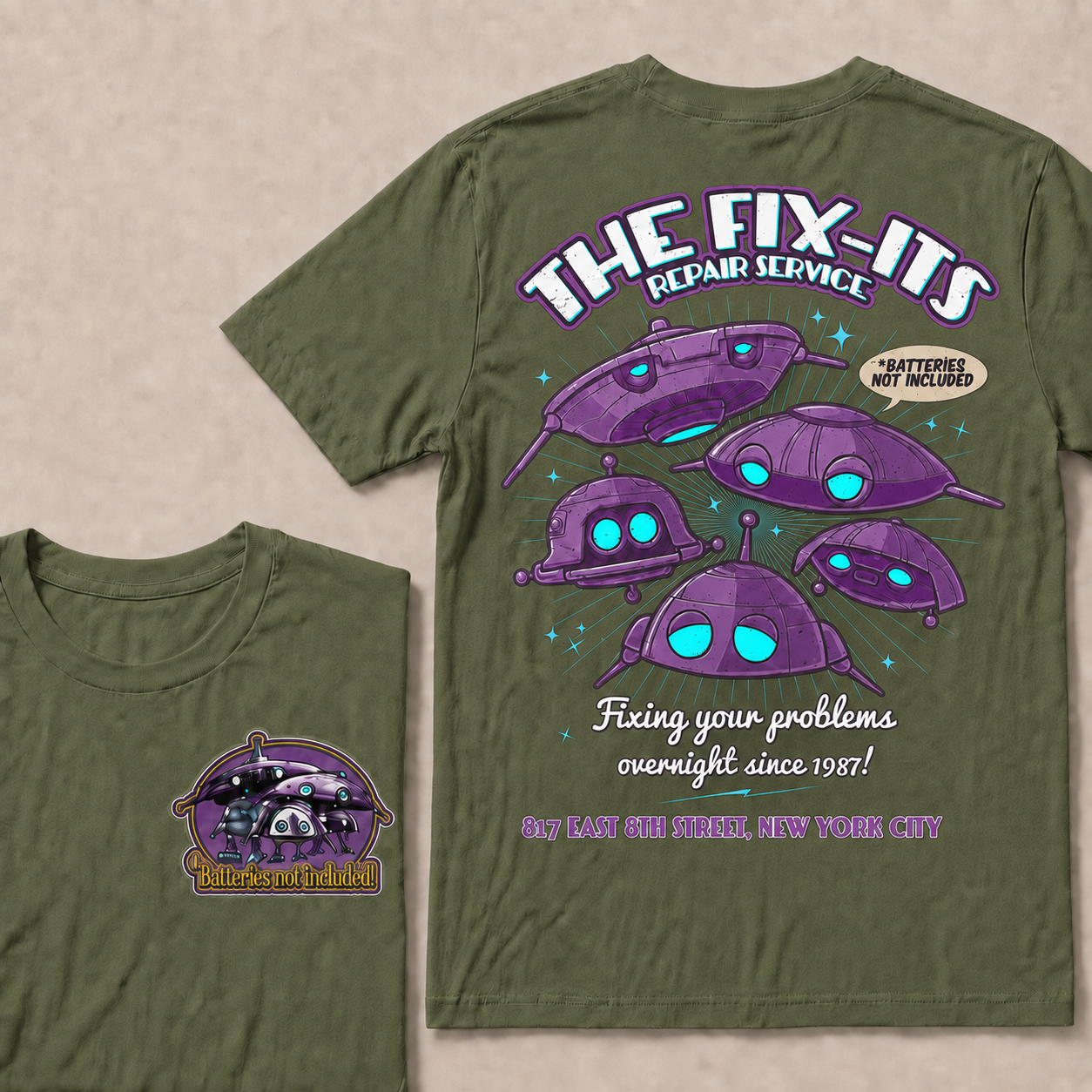 Batteries Not Included 1987 Inspired T-Shirt, The Fix-It Repair Service Retro Sci-Fi Graphic Tee, Vintage Alien Robot Movie Shirt, Unisex Gift