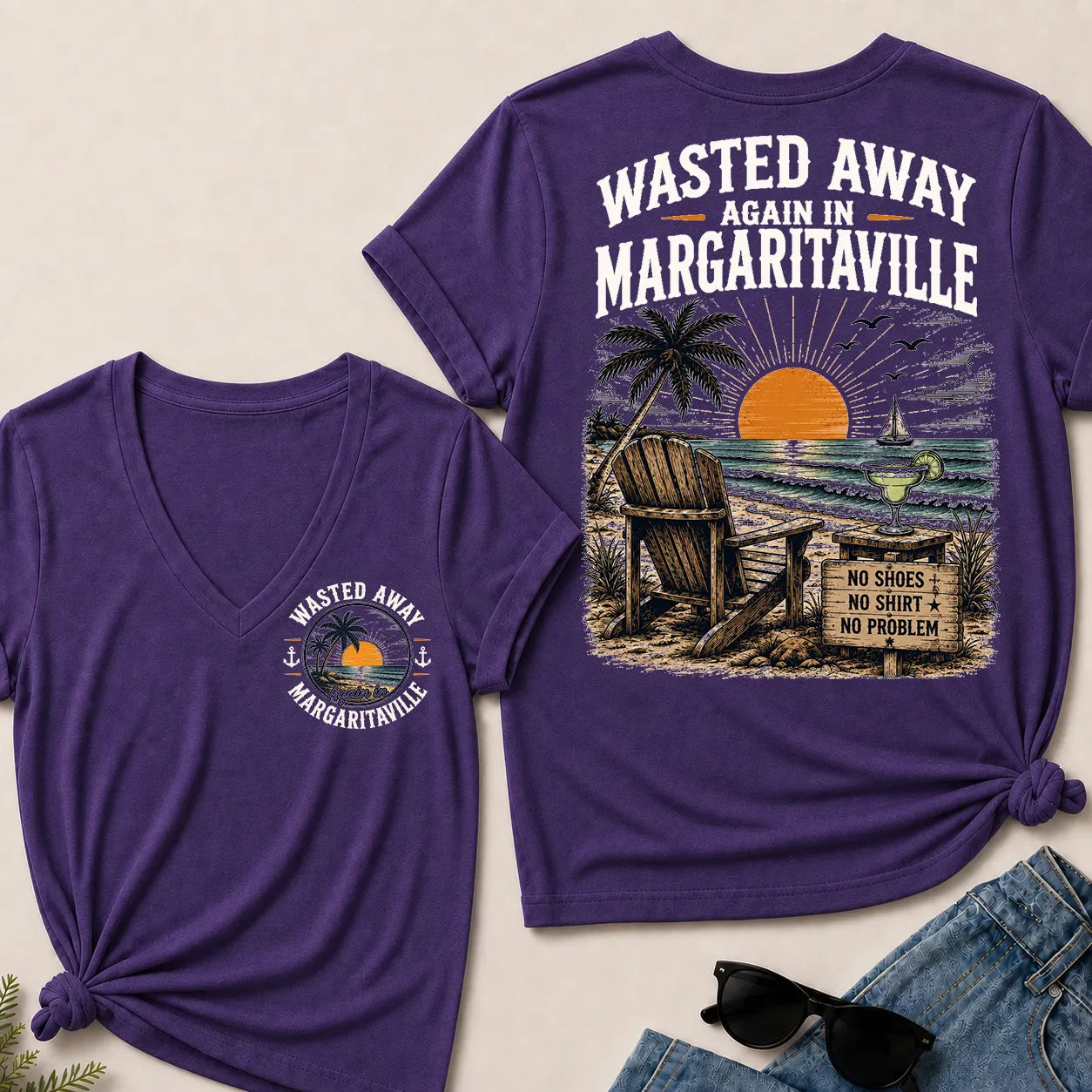 "Wasted Away Again In Margaritaville" Vintage Beach V-Neck T-Shirt | No Shoes, No Shirt, No Problem Tee
