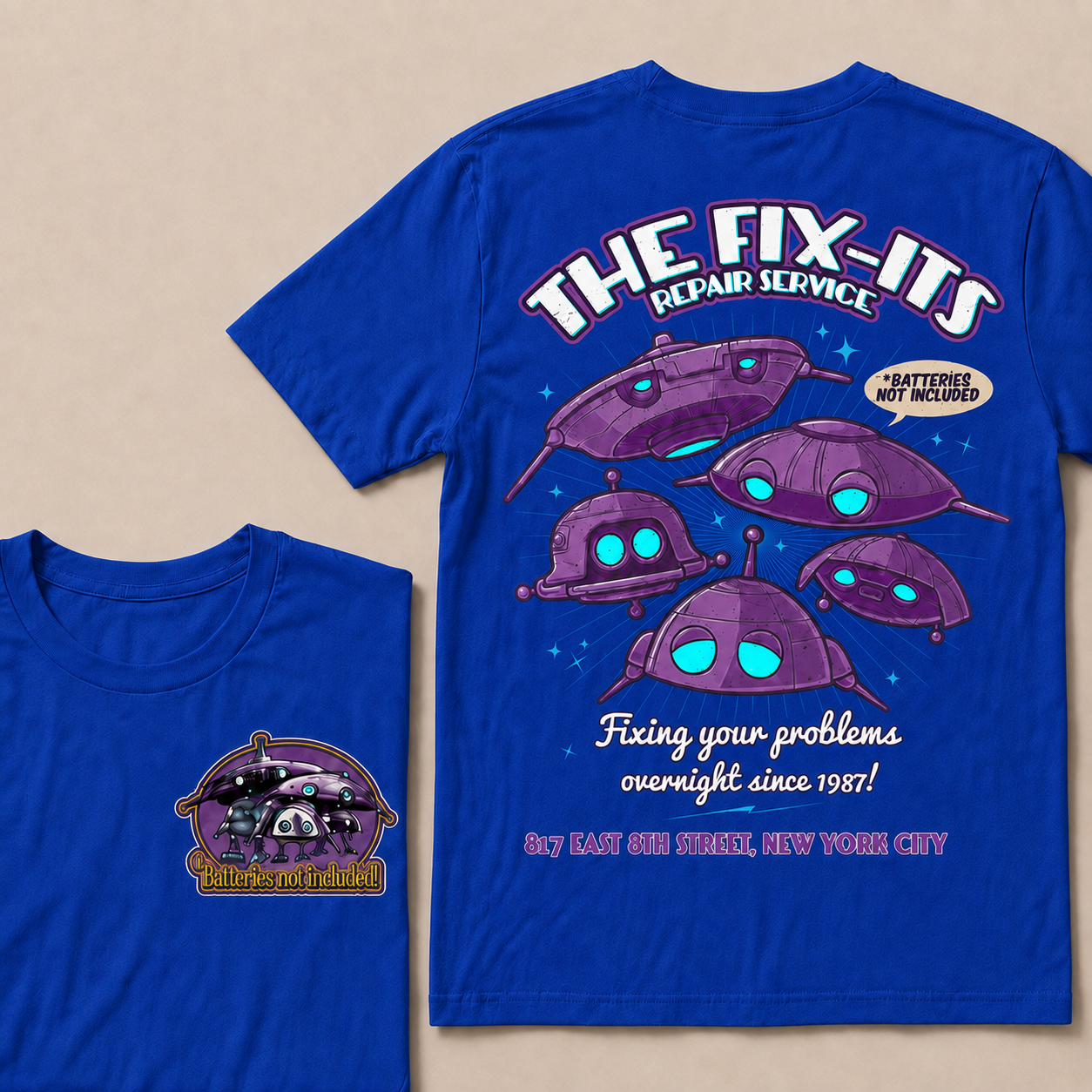 Batteries Not Included 1987 Inspired T-Shirt, The Fix-It Repair Service Retro Sci-Fi Graphic Tee, Vintage Alien Robot Movie Shirt, Unisex Gift