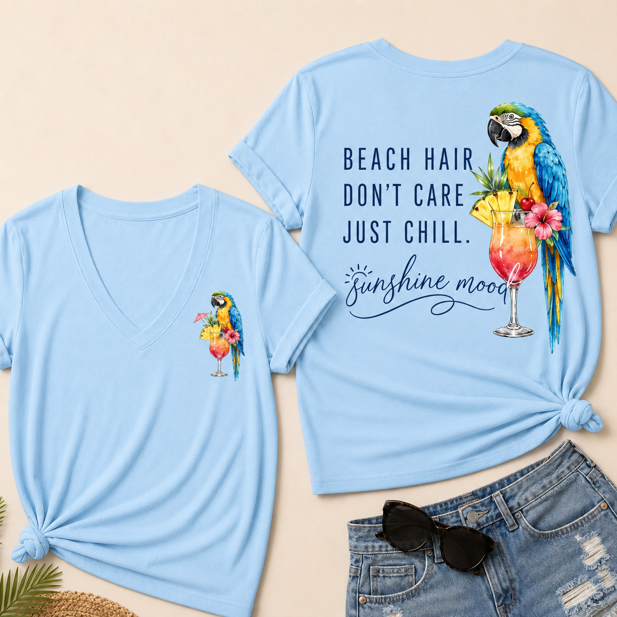 "Beach Hair, Don't Care – Just Chill" V-Neck Tee