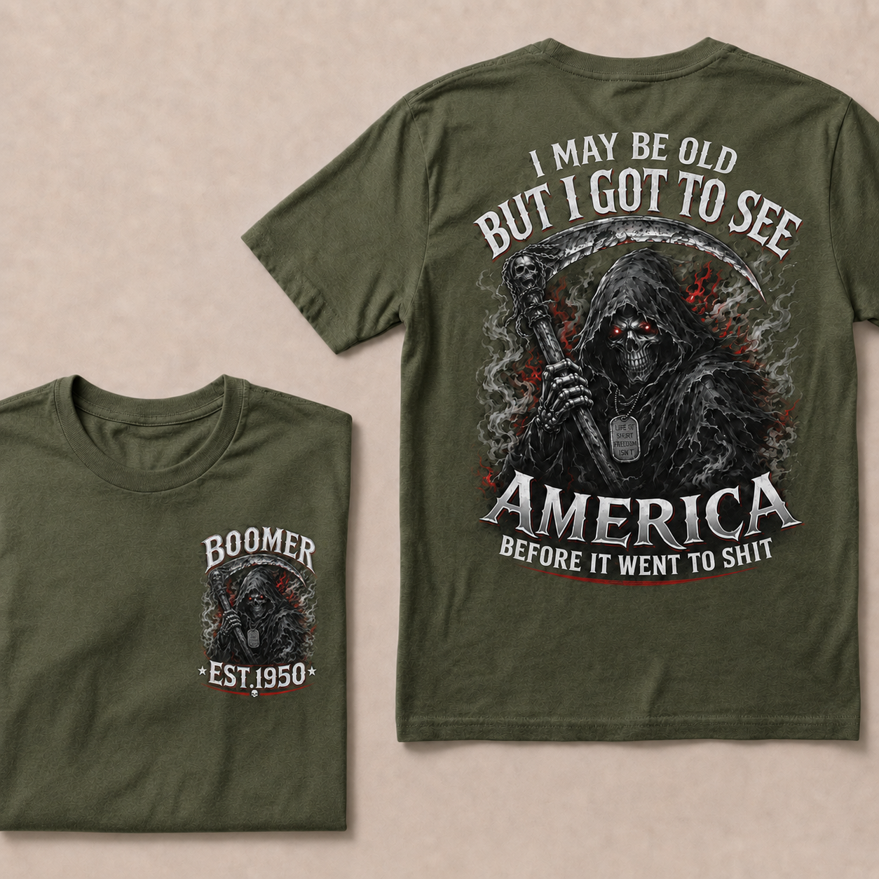Men’s Boomer Grim Reaper Crew Neck T‑Shirt, I May Be Old I Got To See America Graphic Short Sleeve Tee, Front & Back Print Casual Top